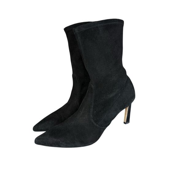 Stuart Weitzman Black Suede Sock Ankle Boots Pointed Toe Size 10M Heels - Picture 11 of 13